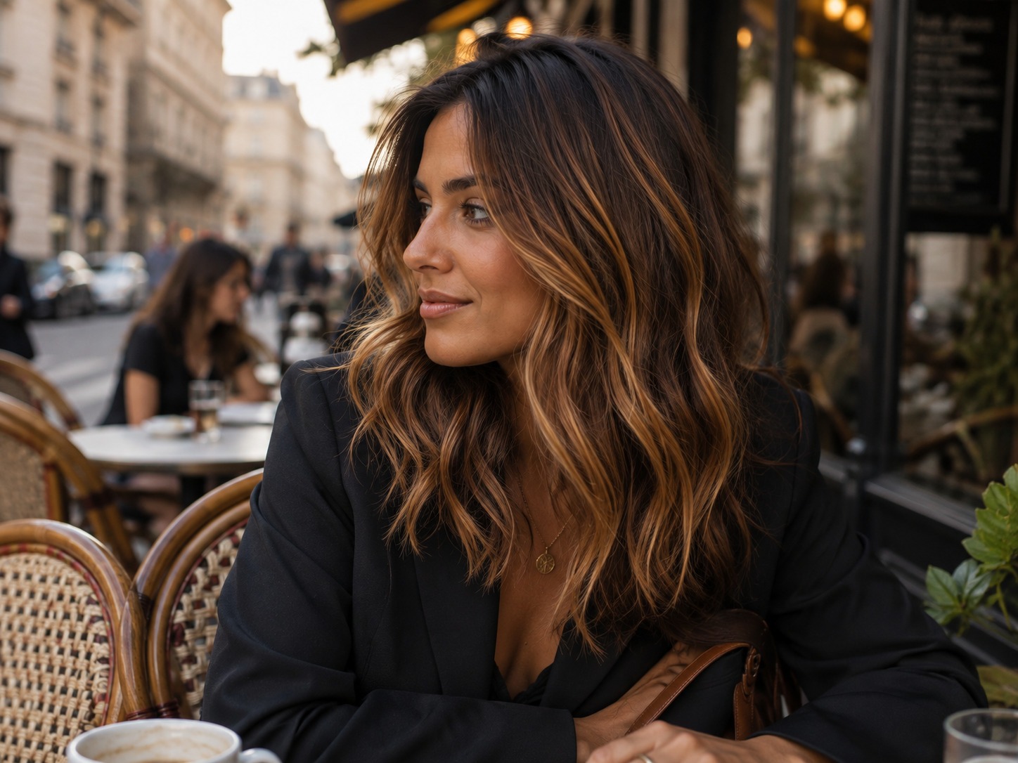 Femme avec des mèches blondes et caramel avec des cheveux foncés